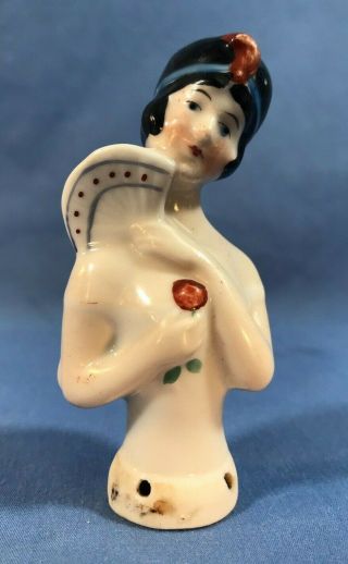 Antique Bisque Pincushion Half Doll W/ Fan,  Marked 6090 1/2 Germany,  3.  25 " Deco