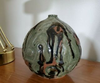 Vtg Mid Century Modern Drip Glaze Art Pottery Vase Signed T Harvell 1976 6.  5 "