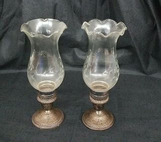 2x Crown Weighted Sterling Silver Candlestick Holders W/etched Glass Shades