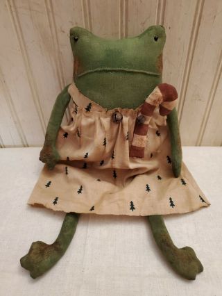 Primitive Grungy Lady Frog Christmas Doll & Her Candy Cane