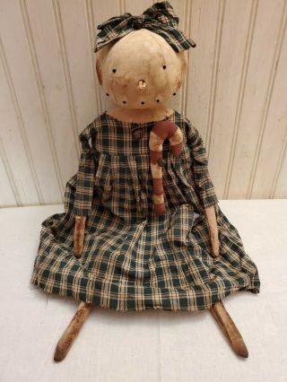 Primitive Grungy Snow Lady Snowman Christmas Doll & Her Candy Cane