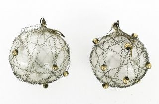 2 Antique Victorian Christmas Ornaments Glass Balls Mercury Beads Wire Wrapped