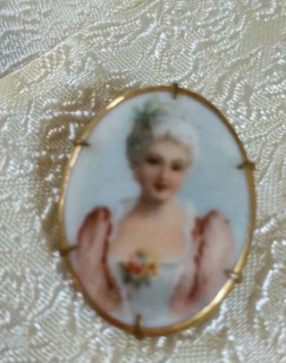 Victorian Porcelain Hand Painted Miniature Lady Portrait Pin Brooch Antique Doll