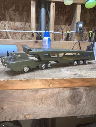 Vintage Tin Friction Toy Car Carrier Hauler Made In Japan 1960’s Rare Tri Axle
