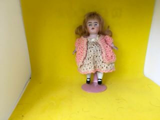 Antique All Bisque German 5” Dollhouse Mignonette Doll In Hand Crocheted Outfit