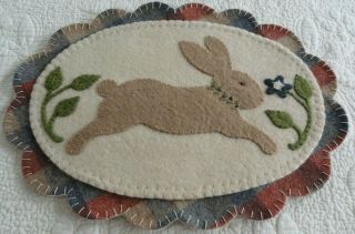 Primitive Stitchery Wool Applique Penny Rug Table Mat Spring Bunny Hare Easter
