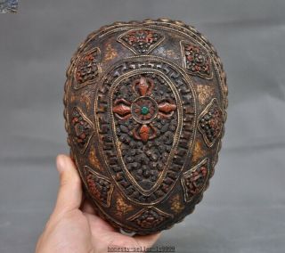 Rare Old Tibet Buddhism Silver Skull Head Eight Treasures Bowl Kapala Skull Cup