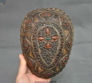 Rare Old Tibet buddhism silver Skull head Eight treasures Bowl Kapala Skull Cup 4