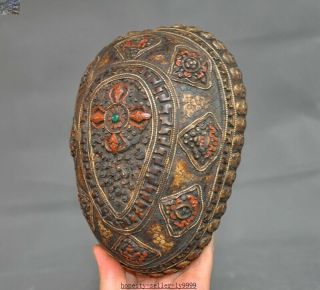 Rare Old Tibet buddhism silver Skull head Eight treasures Bowl Kapala Skull Cup 6