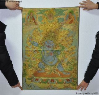 36 " Tibet Silk Embroidery Art Tangka 3 Head 6 Arm Mahakala Buddha Statue Thangka