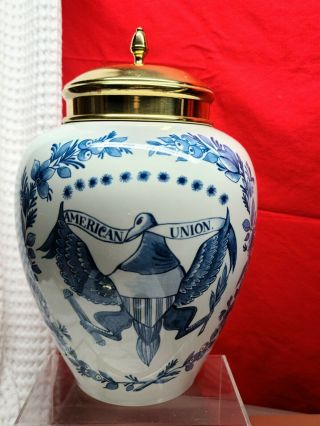 Large Royal Goedewaagen Blue White Delft American Union Tobacco Jar W/lid Rare