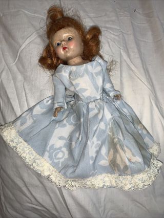 Vintage Vogue Painted Lash Walker Ginny Doll In Blue Print Dress 71/2” 1954 Plw