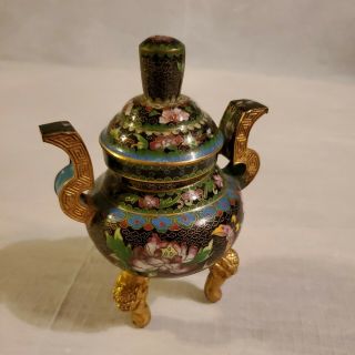 Antique Chinese Black Cloisonne Flower Enamel Vase Jar Box