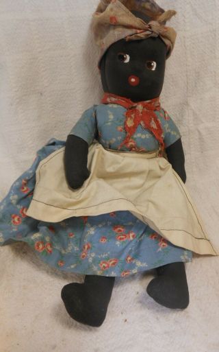 Good Vintage Black Americana Folk Art Rag Doll With Painted Face Blue Dress