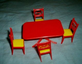 Vintage Renwal Plastic Doll House Furniture Red Yellow Table,  4 Chairs Dining Set