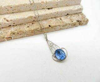 Antique Art Deco Silver Filigree Blue Rhinestone Pendant Choker Necklace Yy49