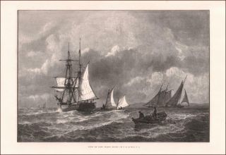 Long Island Sound,  Ships,  Fishing Boats By De Haas,  Antique Engraving 1873