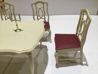 Vintage SINDY dining room table,  4 chairs and two candelabras 2