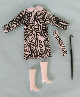 Vintage Barbie Clone Maddie Mod Black & White Raincoat With Belt Boots Umbrella