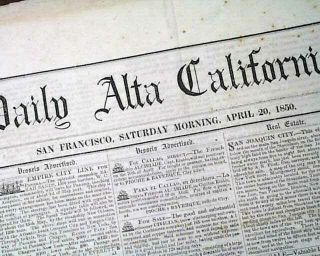 Very Rare & Early Old West San Francisco California Gold Rush Era 1850 Newspaper