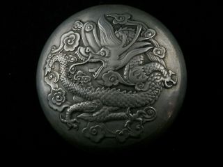 Antique Chinese White Copper Hand Made Dragon Relief Circle Box W141