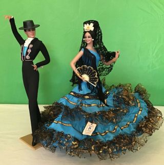Vintage 2 Couple Med 13” Turquoise Marin Chiclana Spanish Flamenco Dancer Dolls