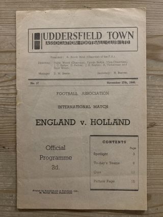 Rare England V Holland International Football Programme 1946 @ Huddersfield Town
