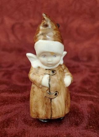Vintage German All Bisque Artist 3 Inch Nodder Doll Molded Brown Coat & Hat