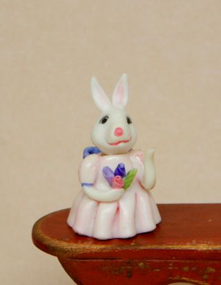 Vintage Hand Painted Ceramic Bunny Rabbit Teapot Dollhouse Miniature 1:12