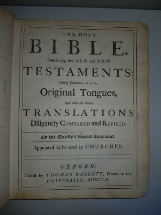 1752 Rare King James Holy Bible Old & Testament Oxford Baskett