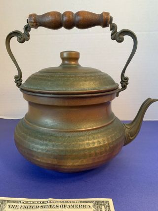 Vintage Antique Copper Brass Tea Kettle Wooden Handle -