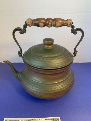 Vintage Antique Copper Brass Tea Kettle wooden handle - 2