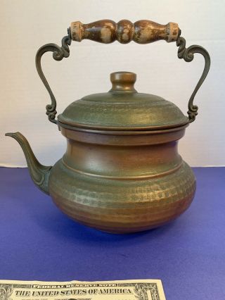 Vintage Antique Copper Brass Tea Kettle wooden handle - 3