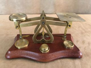 Vintage Brass Postal Scale Weight Set Made In England Letter Wood