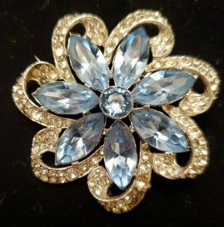 Bogoff Signed Pin Brooch Rhinestone Crystal Flower Blue Vintage Antique