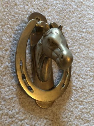 Heavy/solid Brass Horse Head Door Knocker Lucky Horse Shoe Vintage W Mount Screw