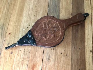 Vintage Antique Fireplace Bellows,  Wood & Leather Blower Carved Lion Fire Stoker
