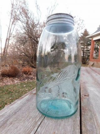 Antique Vintage Green Blue Aqua Half Gallon Ball Mason Jar Triple L Zinc Lid