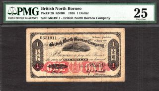British North Borneo One Dollar 1936 Pick - 28 Very Fine Pmg 25 Rare