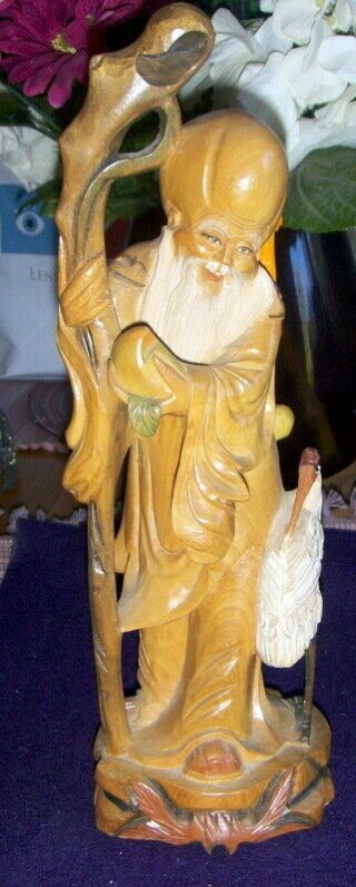 Chinese Wood Hand - Carved Wise Man Figurine W/crane,  Fruit And Staff 31