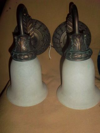 Pair Vintage Metal Electric Wall Sconce W/white Glass Shades - 12 " Tall