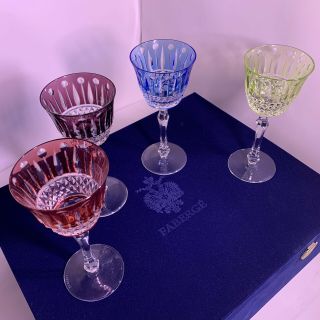 Rare Set Of 4 Faberge Xenia Cut To Clear Wine Goblets Mib