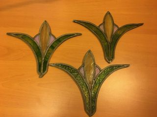 Vintage Antique Leaded Stained Glass Window Panel Set | 3| Tulip Floral 9.  5 "