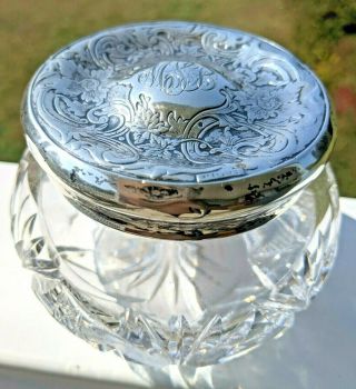 Vintage/antique Cut Glass Powder Jar With Ornate Sterling Silver Cover