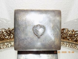 Antique Jewelry Box Casket Silver Plate Heart & Flowers On Lid Trinket Box