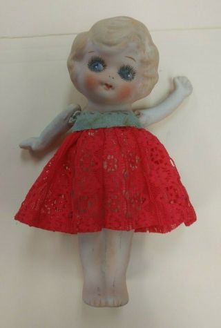 Vintage 6.  5” Frozen Charlotte Bisque Jointed Arms Japan Flirty Eyes Flapper Doll
