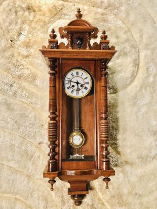 Rare Antique Germany Dep Wall Striking Vienna Clock,  Walnut Case & Pendulum
