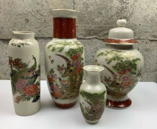 Vintage Satsuma Style Vase Set Peacock And Chrysanthemum Crackle Glaze Japan