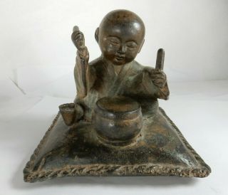 Vintage Brass Bronze Sculpture Tibetan Buddhist Monk W/ Drum,  Sitting On Pillow