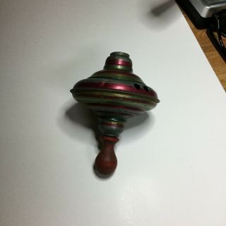 RARE Vintage 1950 ' s Hand Painted Tin Spinning TOP Toy Made in Germany Wood Knob 2